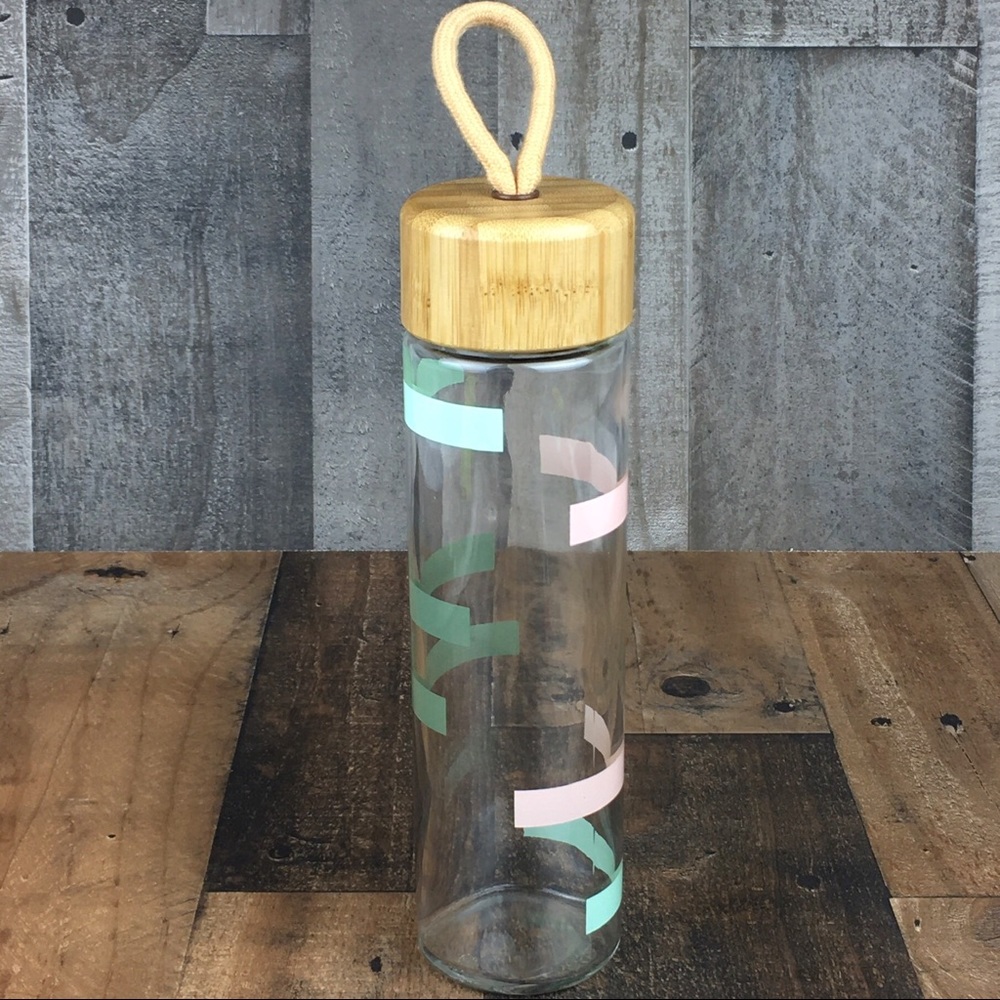 Glass Water Bottle w Bamboo Lid Pink Aqua Stripe